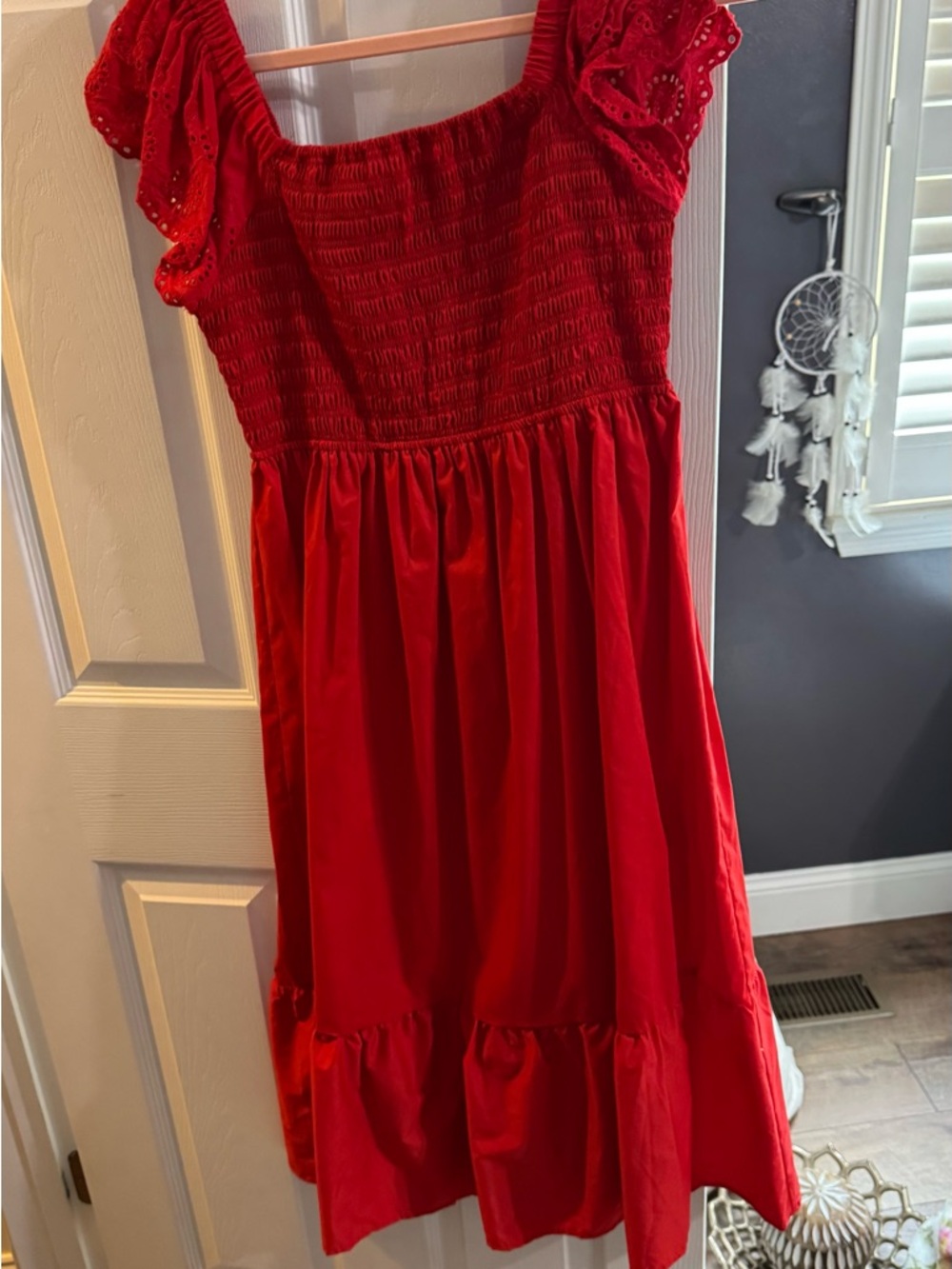 Women's Red Smocked Midi Dress with Eyelet Ruffle Sleeves
